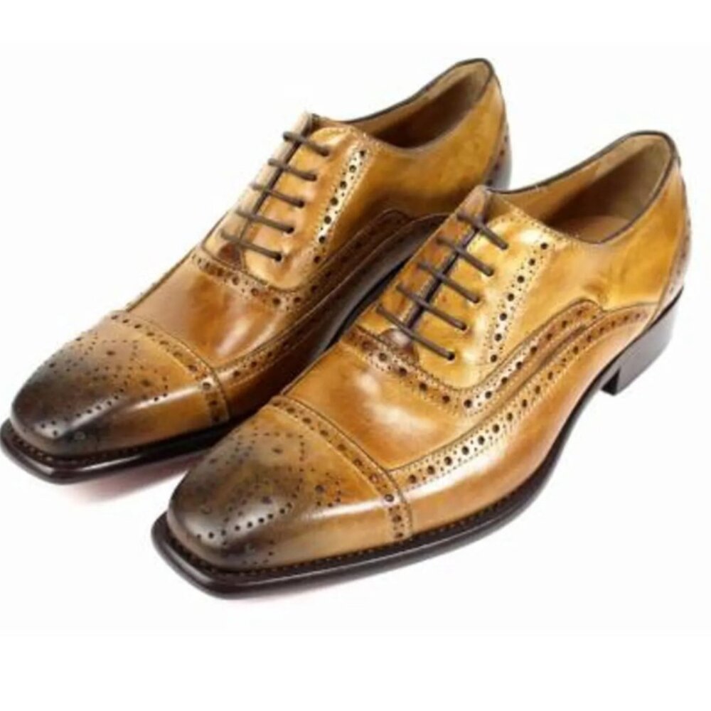 Italian Handmade Men's Leather Shoe / Jean Cognac Brogue Leather Shoes for Men